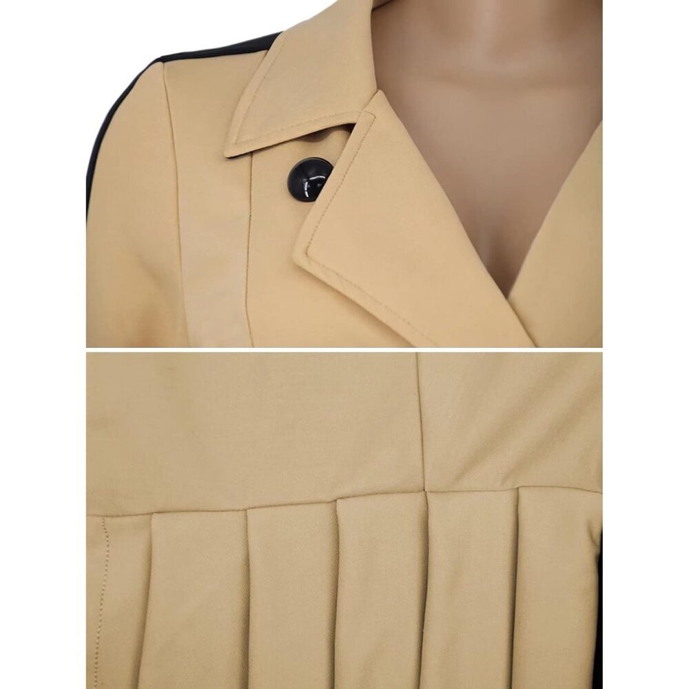 Women Khaki Two Tone V Neck Double Breasted Peplum Belted Blazer Mini Dress - Picture 7 of 7